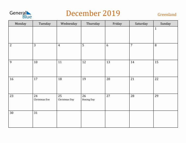 December 2019 Holiday Calendar with Monday Start