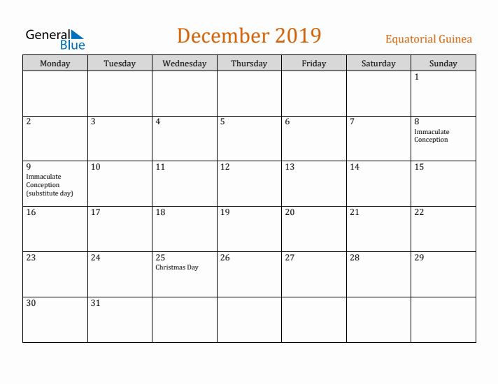 December 2019 Holiday Calendar with Monday Start