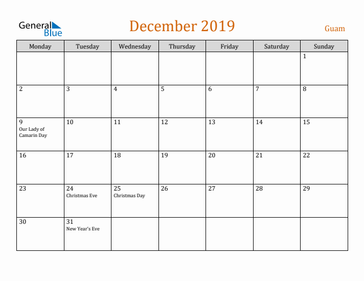 December 2019 Holiday Calendar with Monday Start