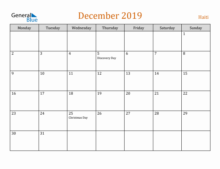 December 2019 Holiday Calendar with Monday Start