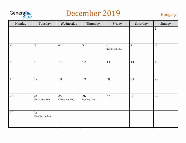 December 2019 Holiday Calendar with Monday Start