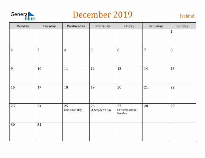 December 2019 Holiday Calendar with Monday Start