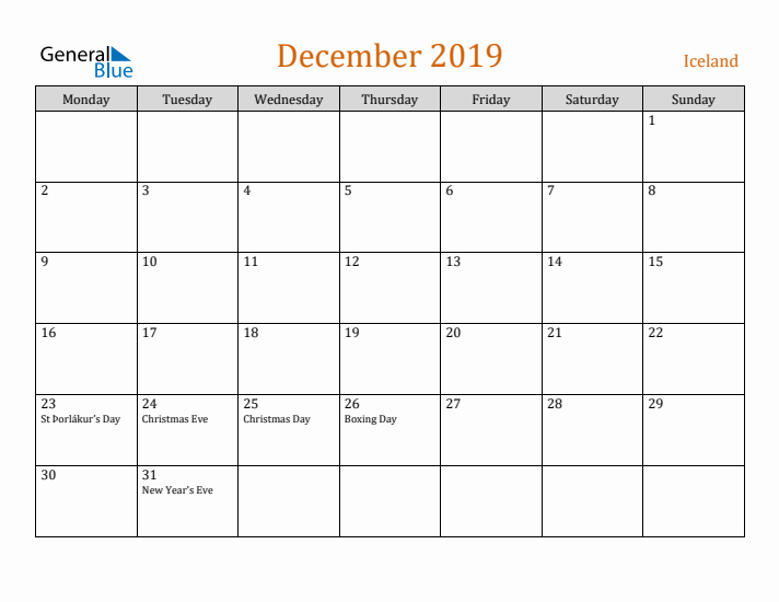 December 2019 Holiday Calendar with Monday Start