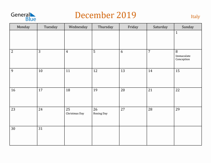 December 2019 Holiday Calendar with Monday Start