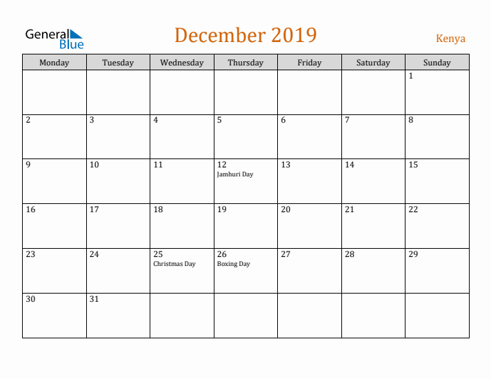 December 2019 Holiday Calendar with Monday Start