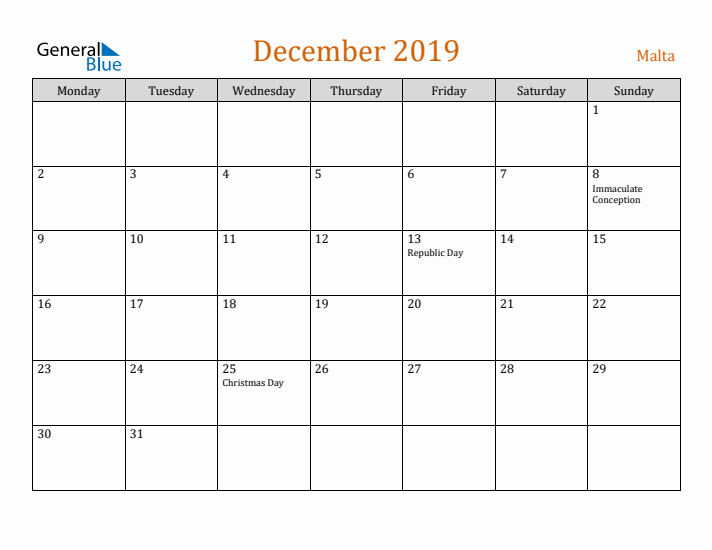 December 2019 Holiday Calendar with Monday Start