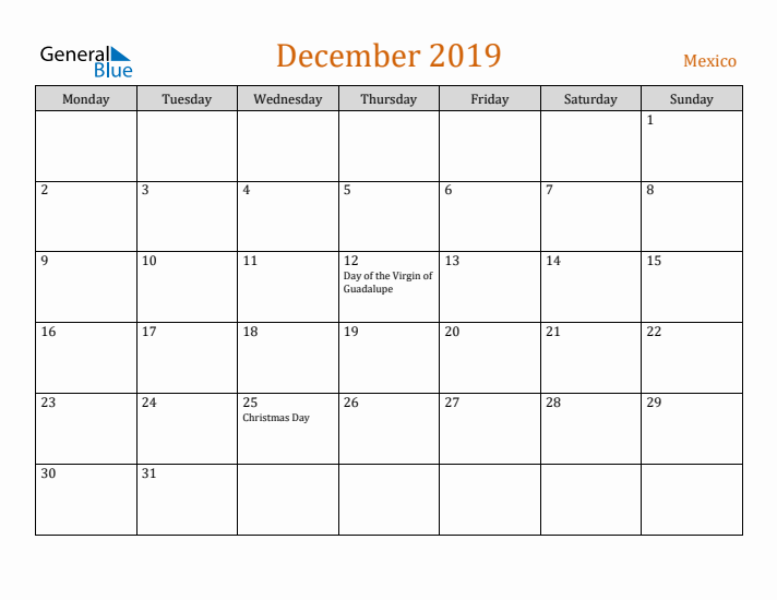 December 2019 Holiday Calendar with Monday Start