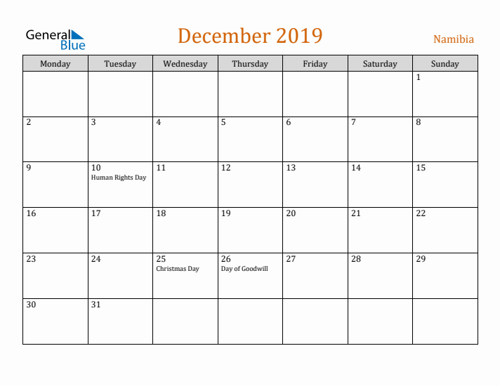 December 2019 Holiday Calendar with Monday Start