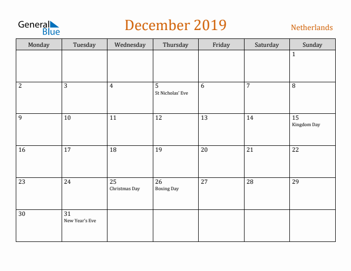 December 2019 Holiday Calendar with Monday Start