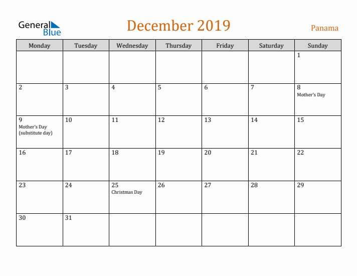 December 2019 Holiday Calendar with Monday Start