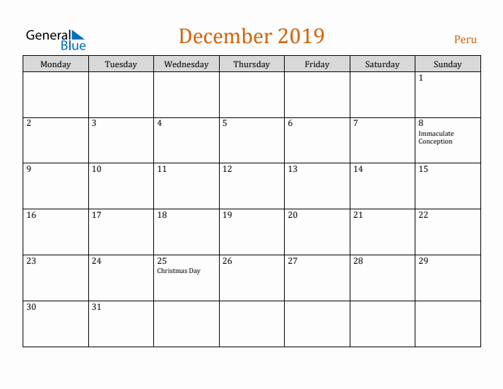 December 2019 Holiday Calendar with Monday Start