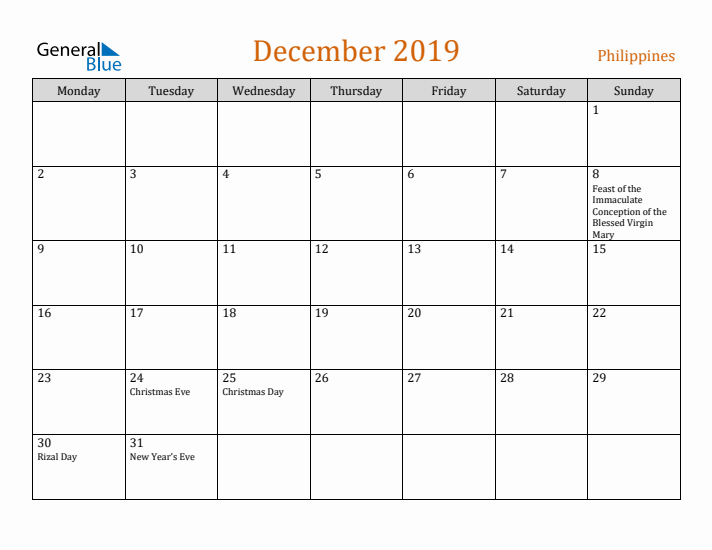 December 2019 Holiday Calendar with Monday Start