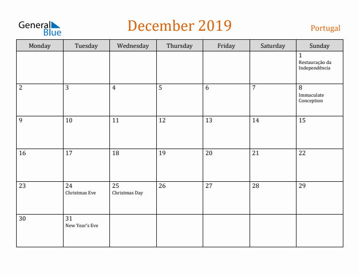 December 2019 Holiday Calendar with Monday Start