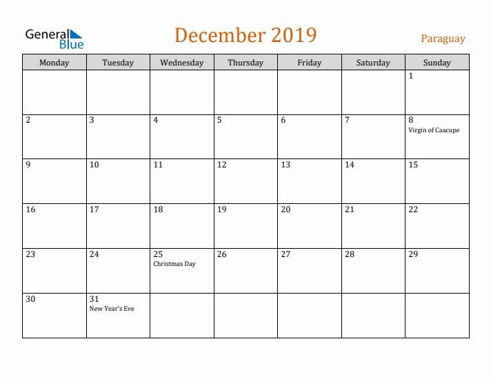 December 2019 Holiday Calendar with Monday Start