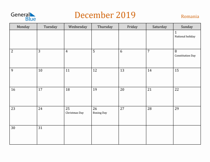 December 2019 Holiday Calendar with Monday Start