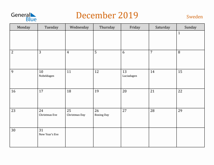 December 2019 Holiday Calendar with Monday Start