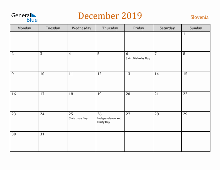 December 2019 Holiday Calendar with Monday Start