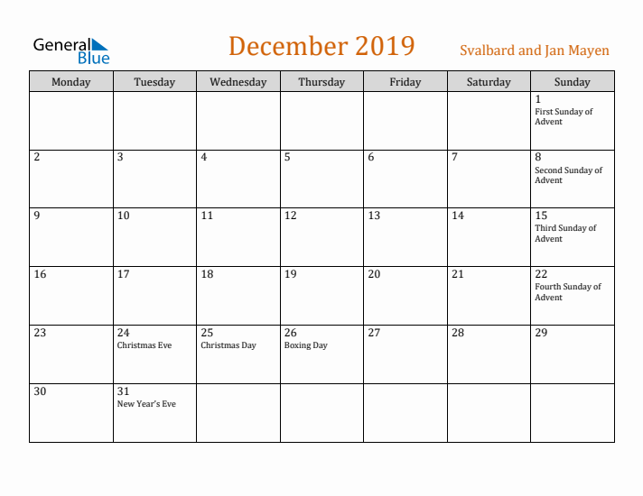 December 2019 Holiday Calendar with Monday Start