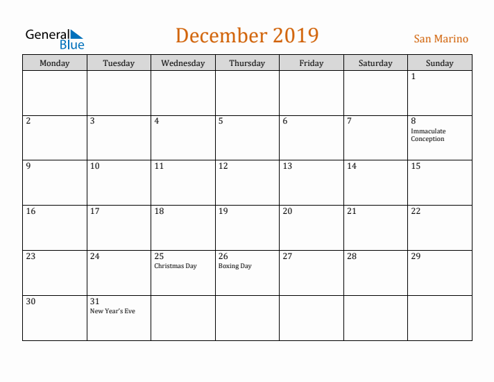 December 2019 Holiday Calendar with Monday Start