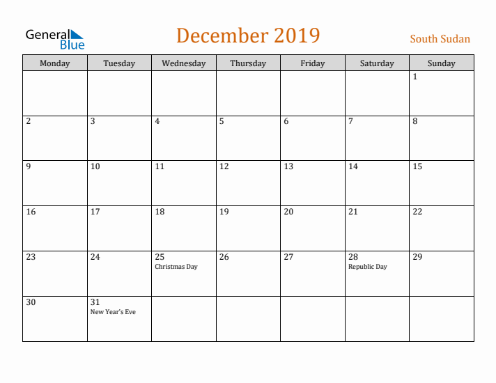 December 2019 Holiday Calendar with Monday Start