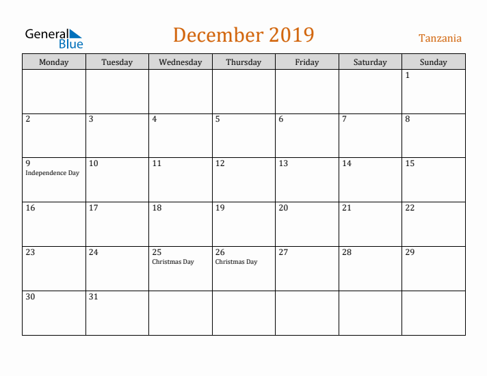 December 2019 Holiday Calendar with Monday Start