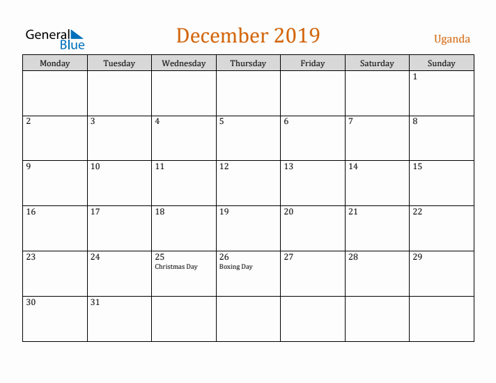 December 2019 Holiday Calendar with Monday Start