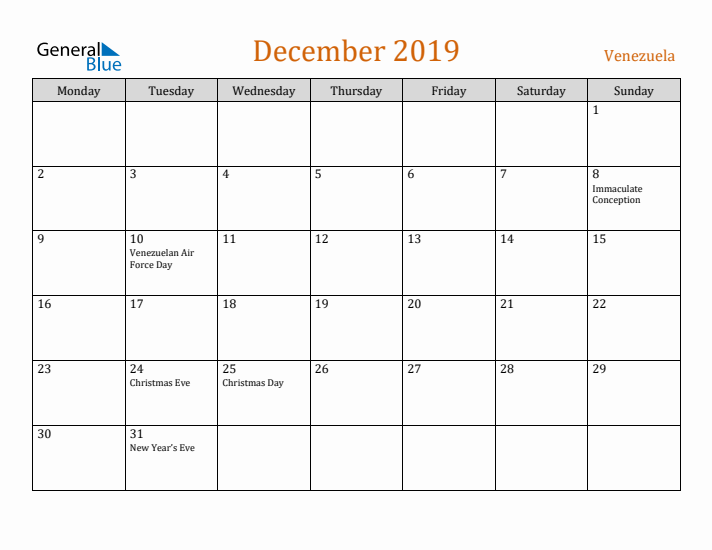 December 2019 Holiday Calendar with Monday Start