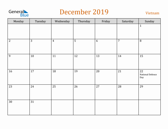 December 2019 Holiday Calendar with Monday Start