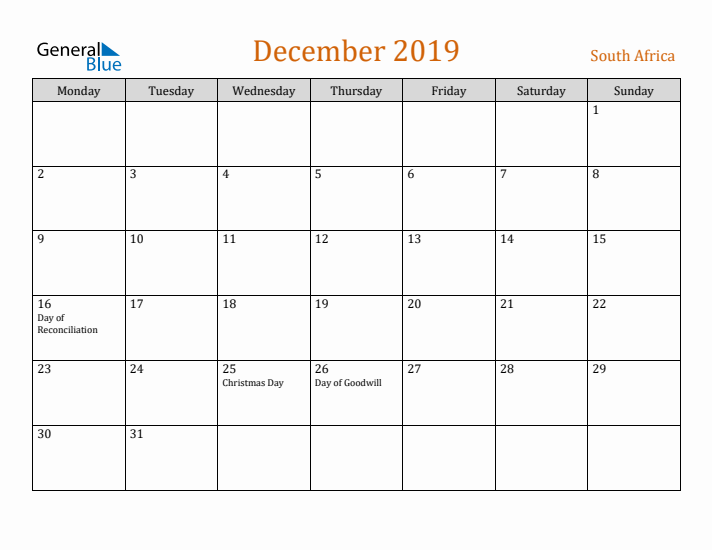 December 2019 Holiday Calendar with Monday Start