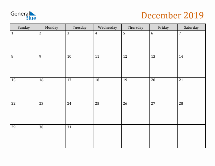 Editable December 2019 Calendar