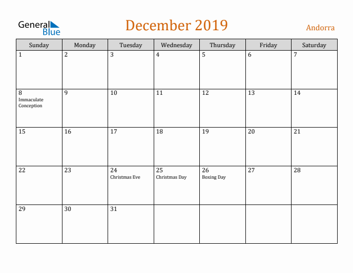 December 2019 Holiday Calendar with Sunday Start