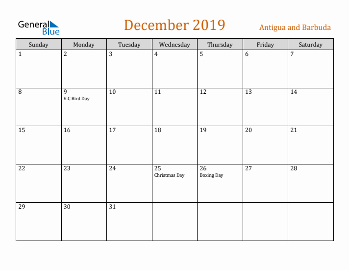 December 2019 Holiday Calendar with Sunday Start