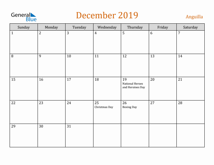 December 2019 Holiday Calendar with Sunday Start