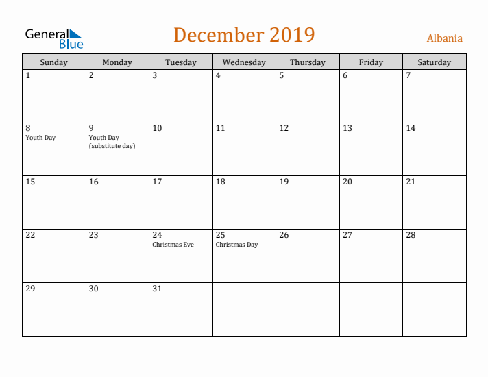 December 2019 Holiday Calendar with Sunday Start