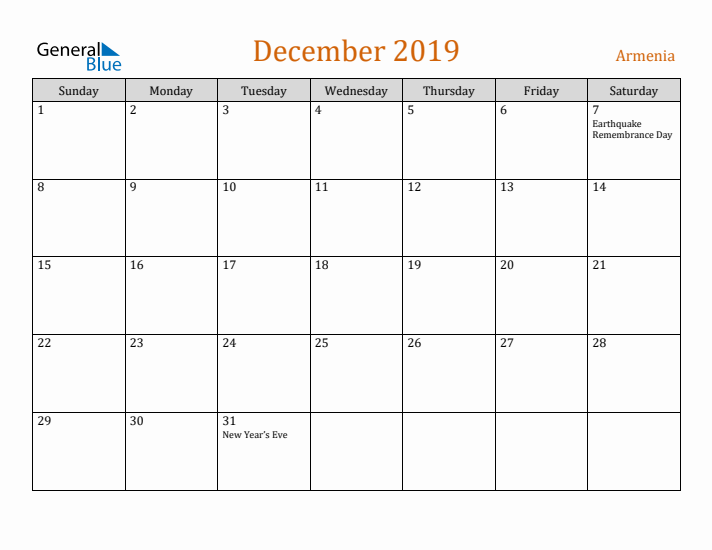 December 2019 Holiday Calendar with Sunday Start