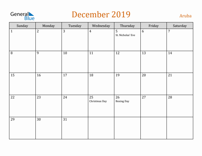 December 2019 Holiday Calendar with Sunday Start