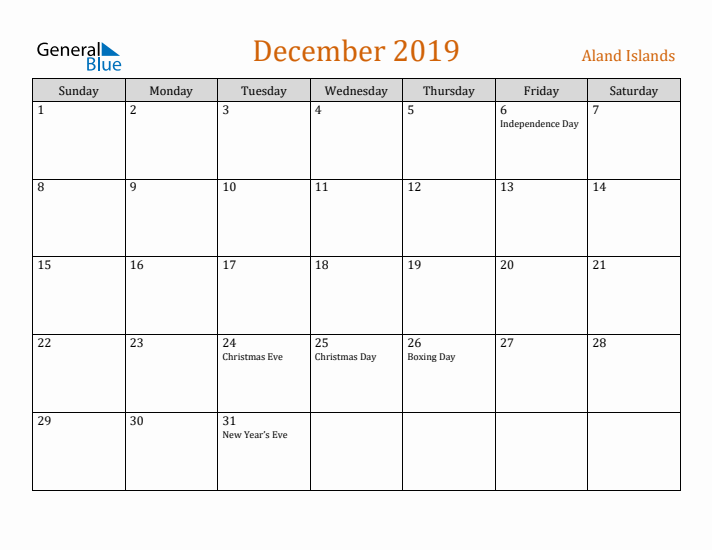 December 2019 Holiday Calendar with Sunday Start