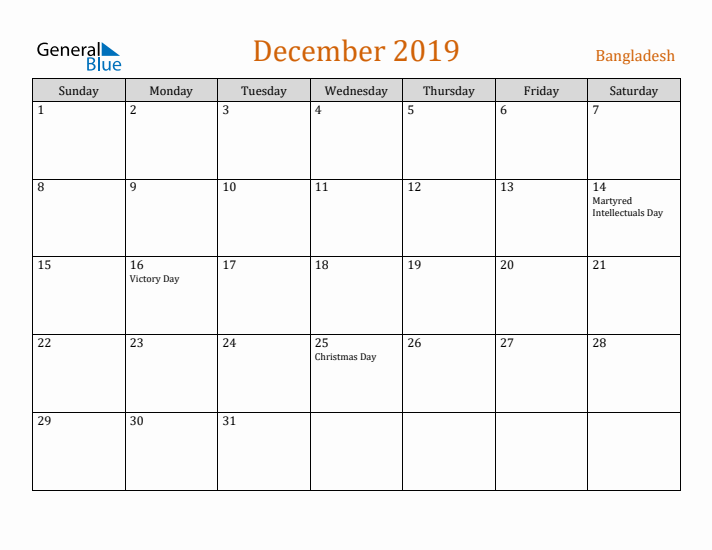 December 2019 Holiday Calendar with Sunday Start