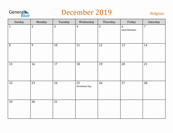 December 2019 Holiday Calendar with Sunday Start