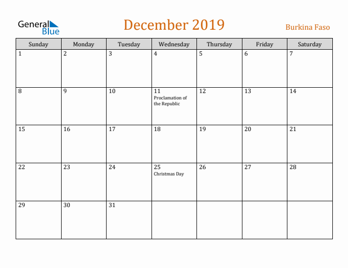 December 2019 Holiday Calendar with Sunday Start