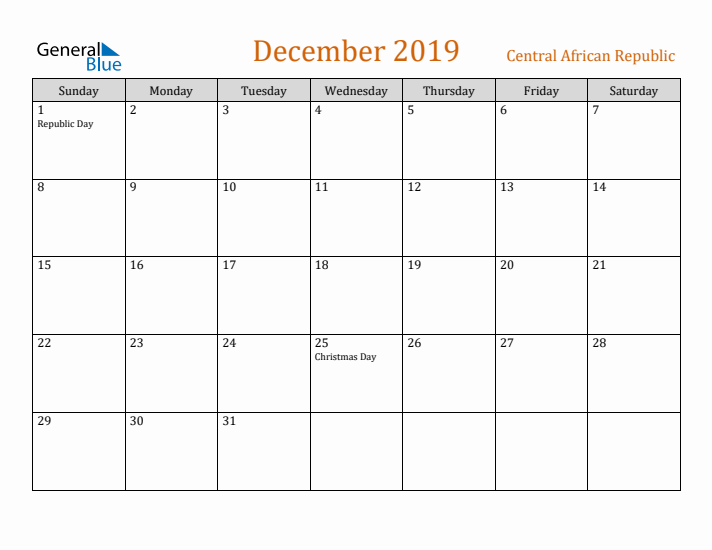 December 2019 Holiday Calendar with Sunday Start