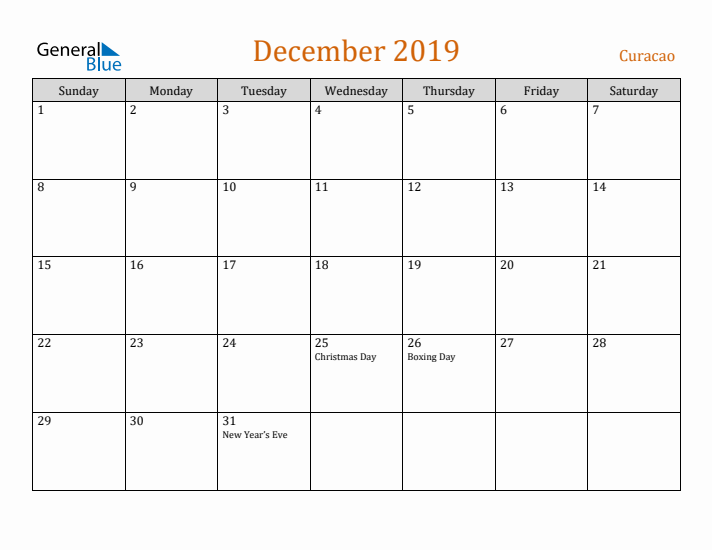 December 2019 Holiday Calendar with Sunday Start