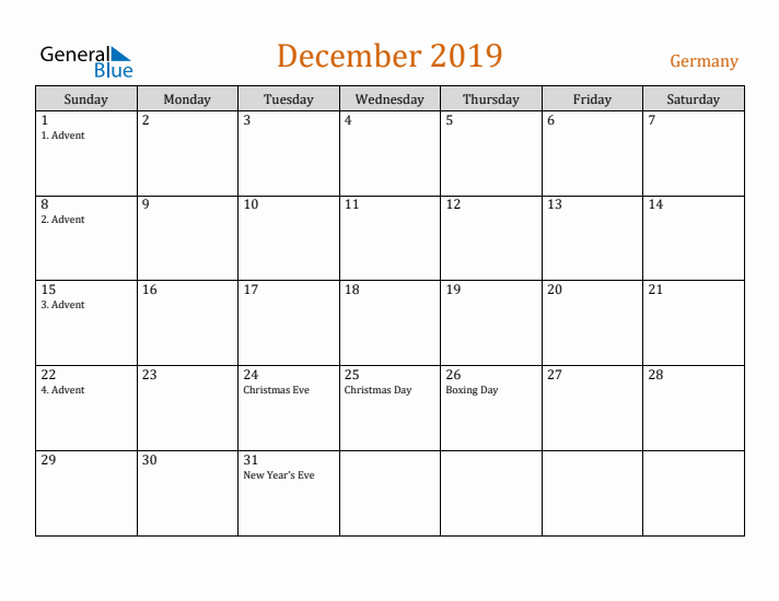 December 2019 Holiday Calendar with Sunday Start