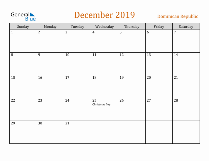 December 2019 Holiday Calendar with Sunday Start