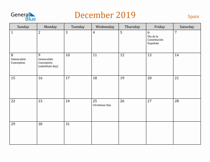 December 2019 Holiday Calendar with Sunday Start