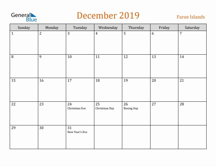 December 2019 Holiday Calendar with Sunday Start