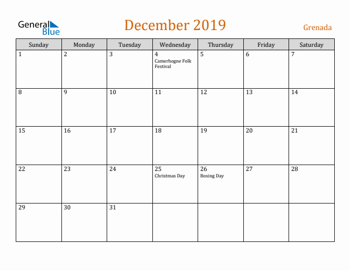 December 2019 Holiday Calendar with Sunday Start