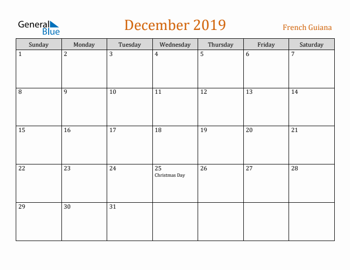 December 2019 Holiday Calendar with Sunday Start