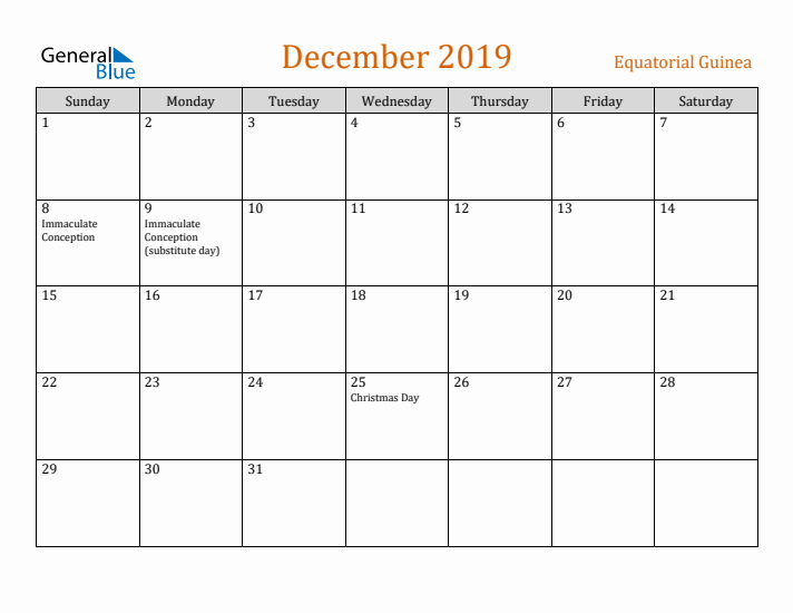 December 2019 Holiday Calendar with Sunday Start