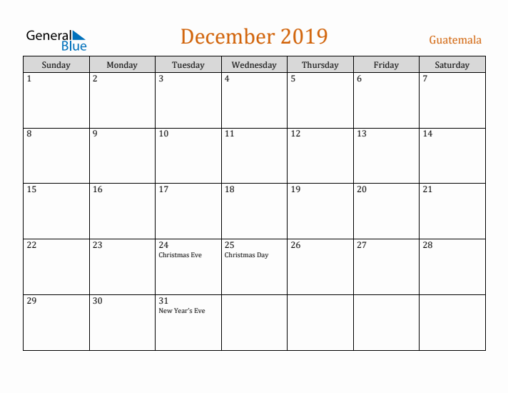 December 2019 Holiday Calendar with Sunday Start